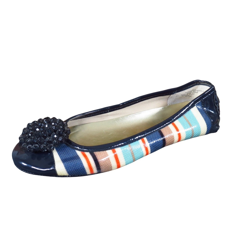 Anne Klein AKBauble Women Ballet Flat Size 8M Casual‎ Striped Blue Multi Pom Pom